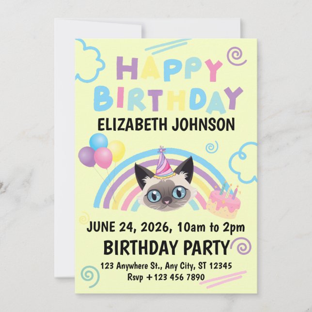 Siamese Cat Birthday Invitation in Yellow Inbjudningar (Framsida)