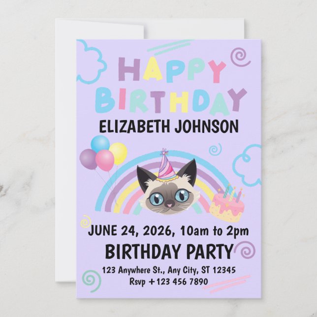 Siamese Cat Birthday Party Invitation Purple Inbjudningar (Framsida)