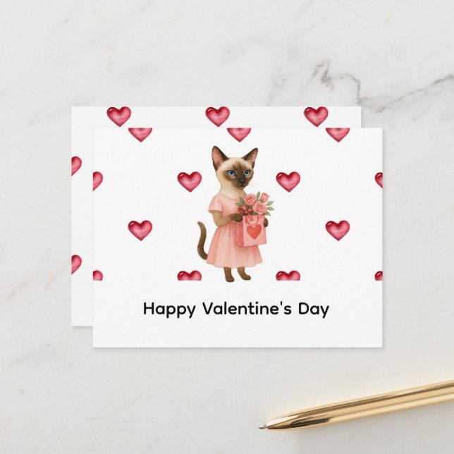 Siamese Cat brings roses for Valentines' day Vykort (Fram/Back In Situ)
