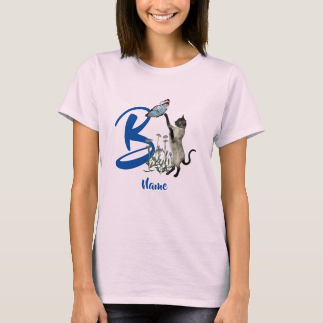 Siamese Cat Butterfly Monogram Initial B Namn T Shirt (Framsida)