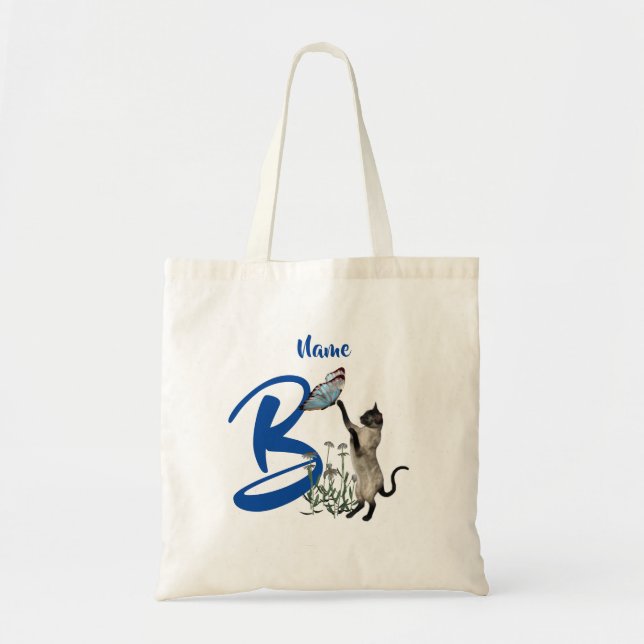 Siamese Cat Butterfly Monogram Initial B Namn Tygkasse (Framsidan)