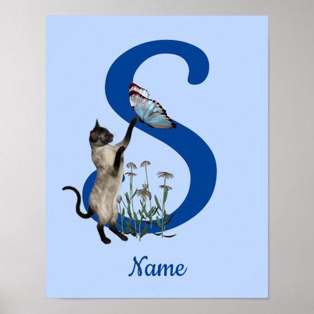 Siamese Cat Butterfly Monogram Initial S Ditt namn Poster (Framsidan)
