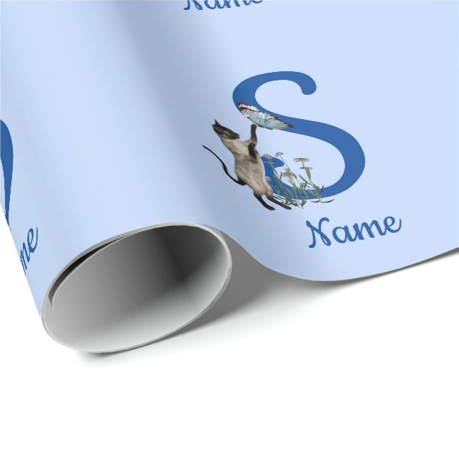 Siamese Cat Butterfly Monogram Initial S Ditt namn Presentpapper (Rullad Hörn)