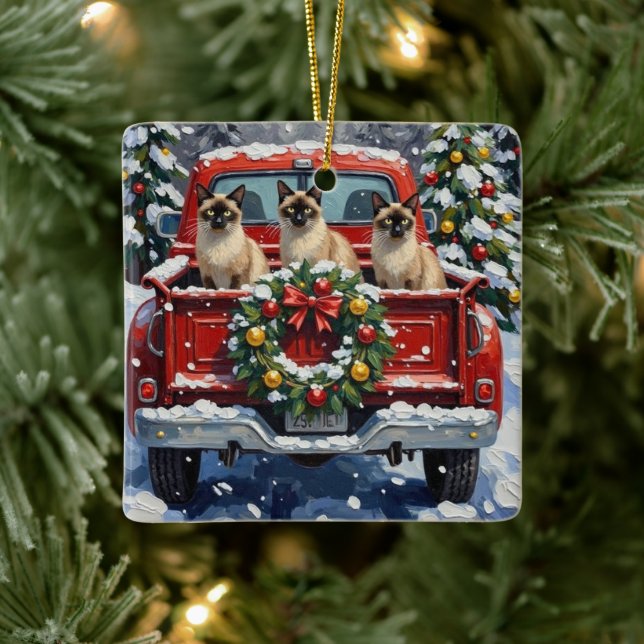 Siamese Cat Christmas Red Truck Holiday Julgransprydnad Keramik (Träd)