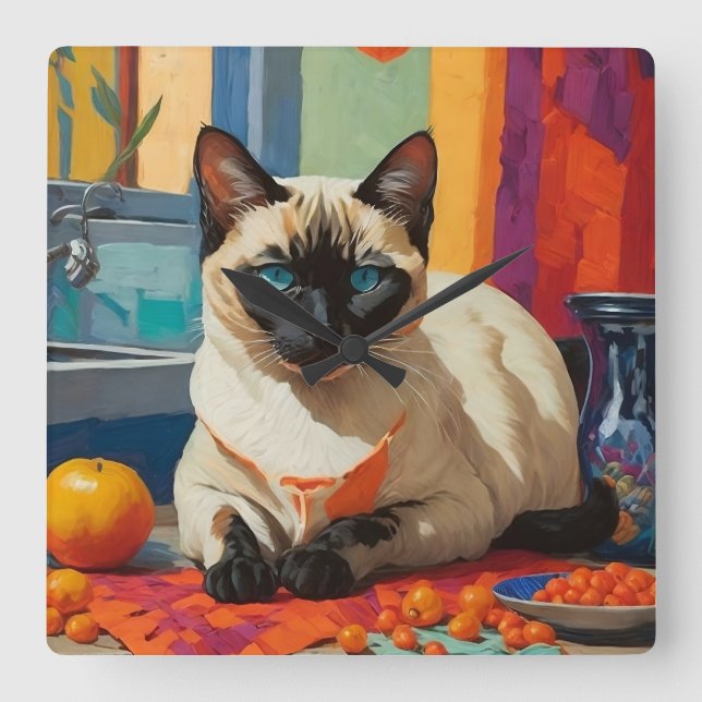 Siamese Cat Fauvism Stil Fyrkantig Klocka (Framsida)