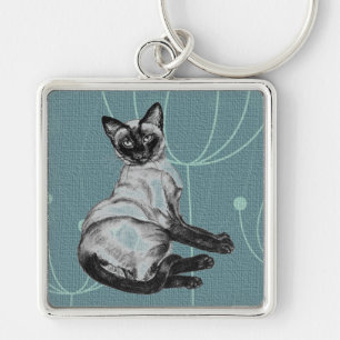 Siamese Cat Fyrkantig Silverfärgad Nyckelring