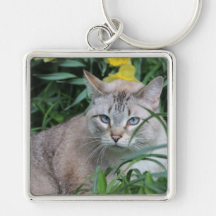 Siamese Cat Fyrkantig Silverfärgad Nyckelring