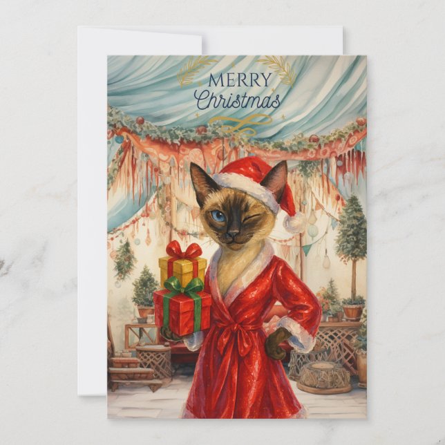 Siamese Cat håller i Julklapp Julkort (Framsida)