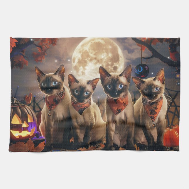 Siamese Cat Halloween Spooky Kökshandduk (Horisontell)