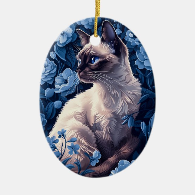 Siamese Cat i Blåa blommor Julgransprydnad Keramik (Framsidan)