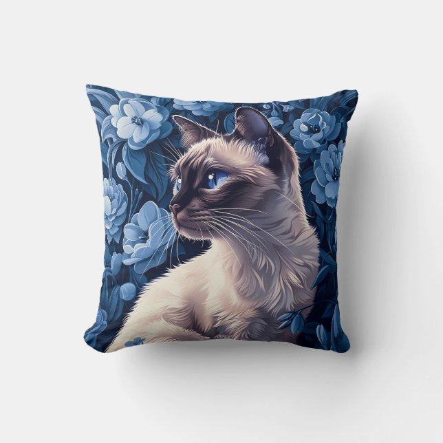 Siamese Cat i Blåa blommor Kudde (Framsida)