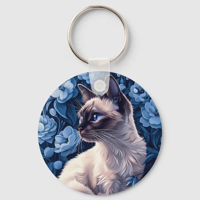 Siamese Cat i Blåa blommor Nyckelring (Framsida)
