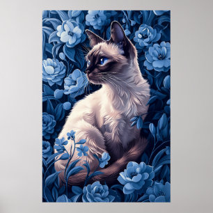 Siamese Cat i Blåa blommor Poster