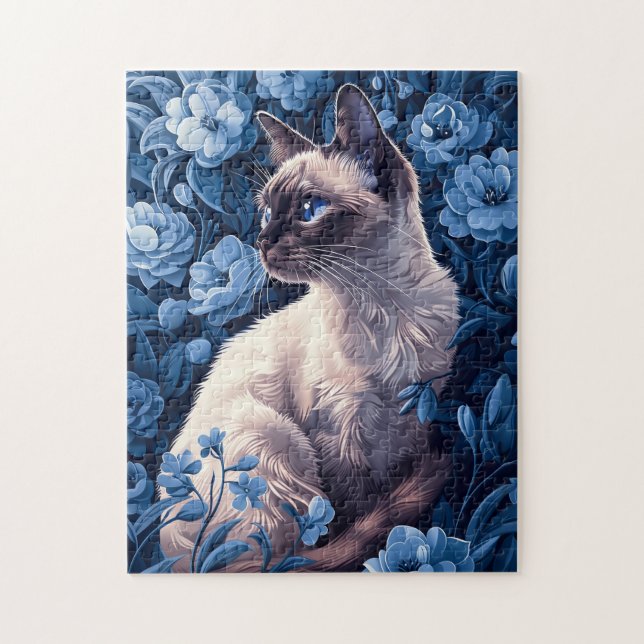Siamese Cat i Blåa blommor Pussel (Vertikal)