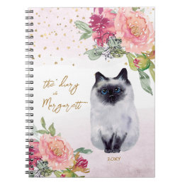Siamese Cat Illustration Flowers Girl Daily Diary Anteckningsbok