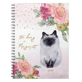 Siamese Cat Illustration Flowers Girl Daily Diary Anteckningsbok
