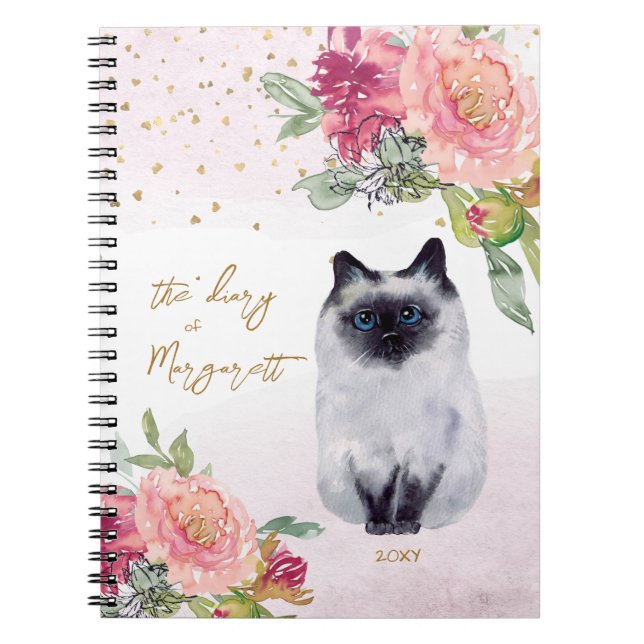Siamese Cat Illustration Flowers Girl Daily Diary Anteckningsbok (Framsidan)
