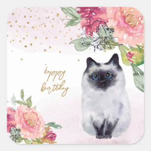 Siamese Cat Illustration Grattis på födelsedagen G Fyrkantigt Klistermärke