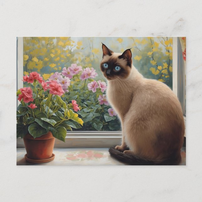 Siamese Cat in the Window with Garden View Vykort (Framsida)