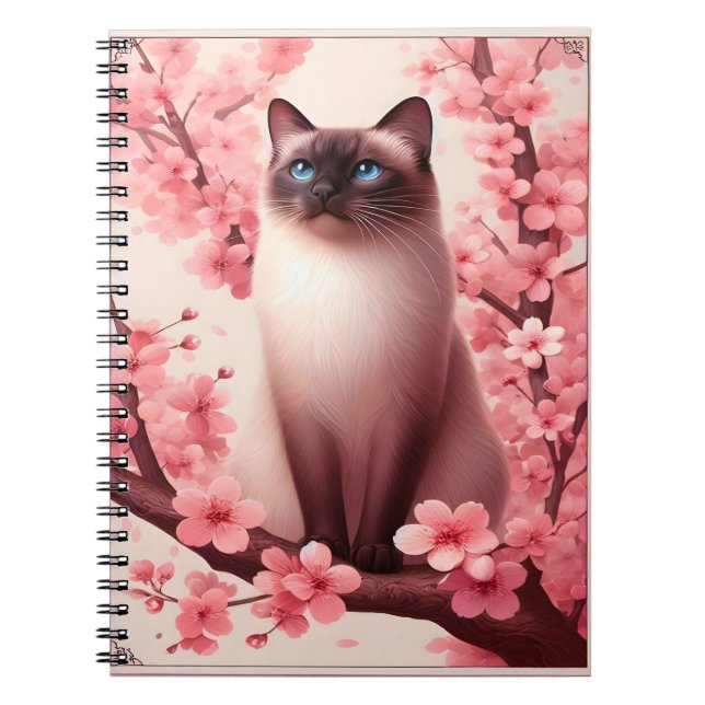 Siamese Cat Japansk Cherry Blommar Flower Rosa Anteckningsbok (Framsidan)