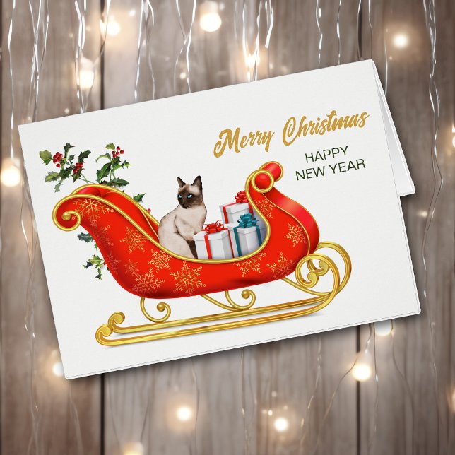Siamese Cat Meowy jul Sleigh Card Hälsningskort (Skapare uppladdad)