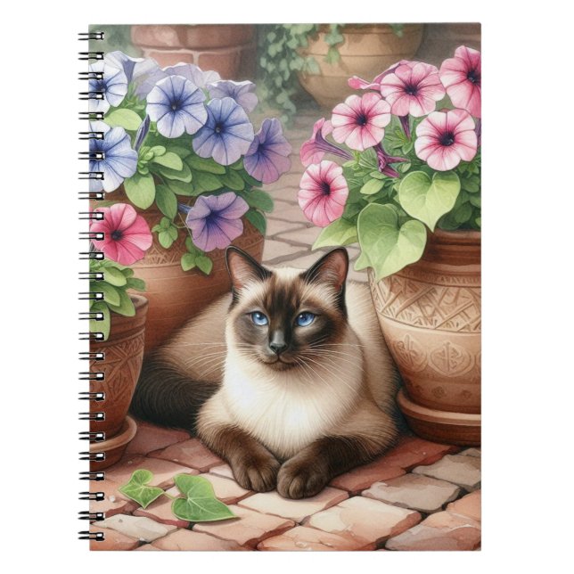 Siamese Cat och Petunia Flowers Anteckningsbok (Framsidan)