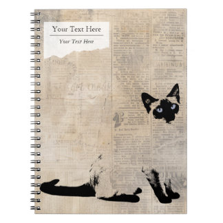 Siamese Cat on Retro Newspaper, Personalized Name Anteckningsbok