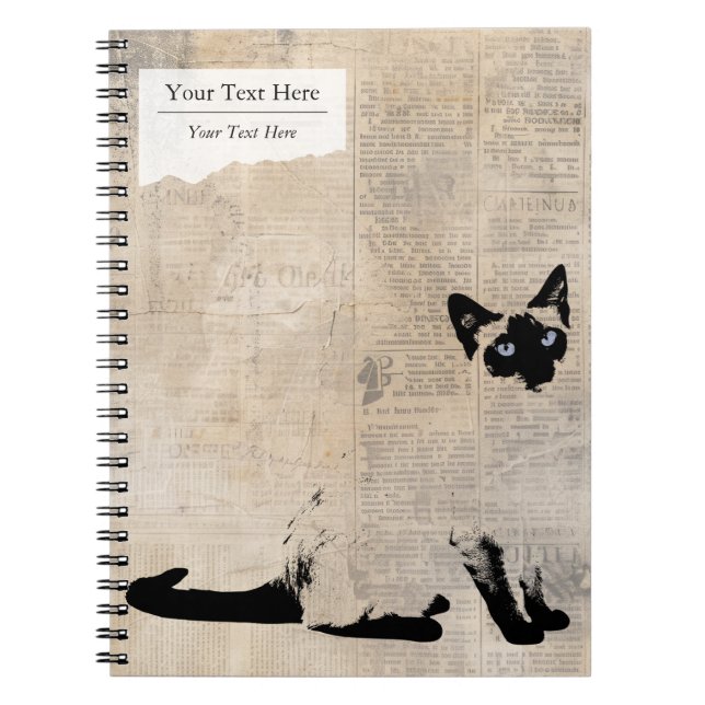 Siamese Cat on Retro Newspaper, Personalized Name Anteckningsbok (Framsidan)