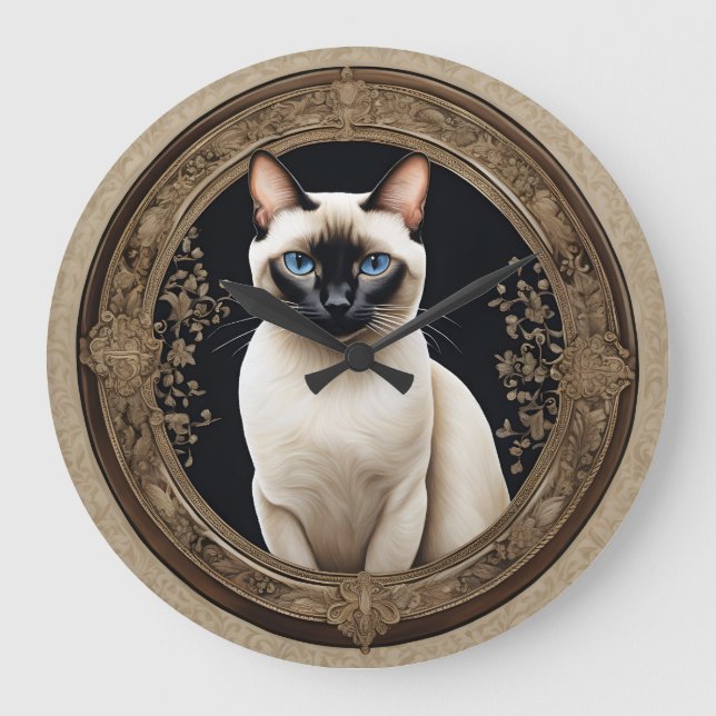 Siamese Cat Porträtt Elegant Stor Klocka (Framsida)