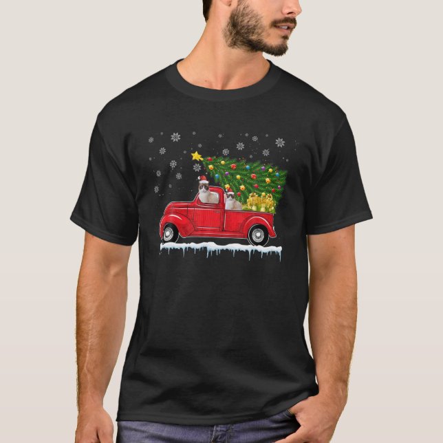 Siamese Cat Red Car Lastbil Julgran Santa Xma T Shirt (Framsida)