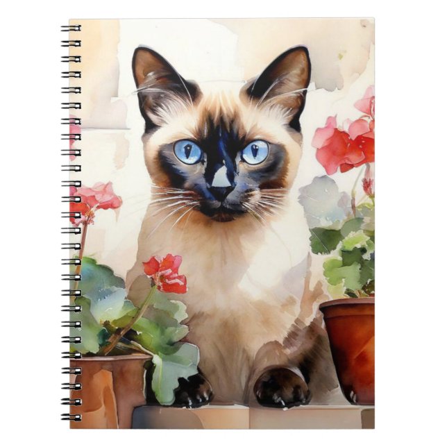 Siamese Cat Red Flowers Whimsical Cute Watercolor Anteckningsbok (Framsidan)