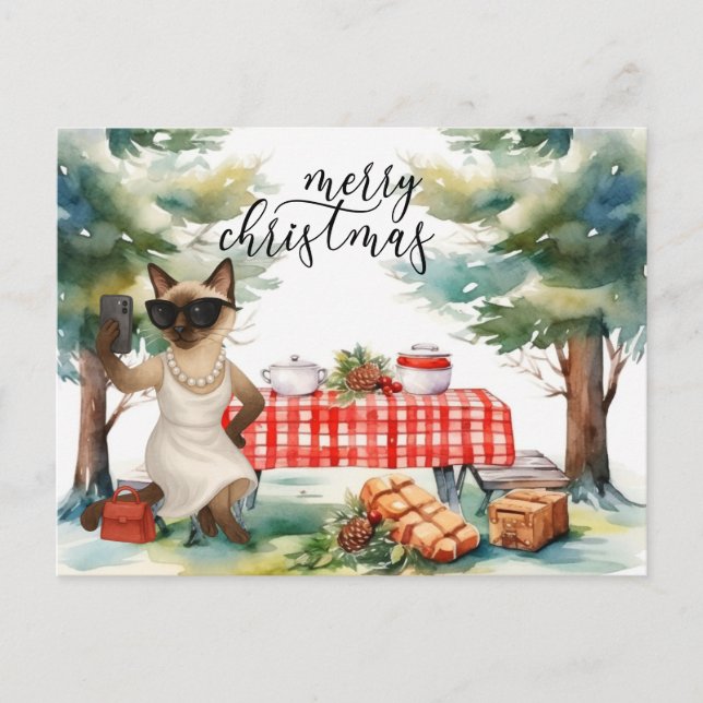 Siamese Cat Sending Message God jul Helg Vykort (Framsida)