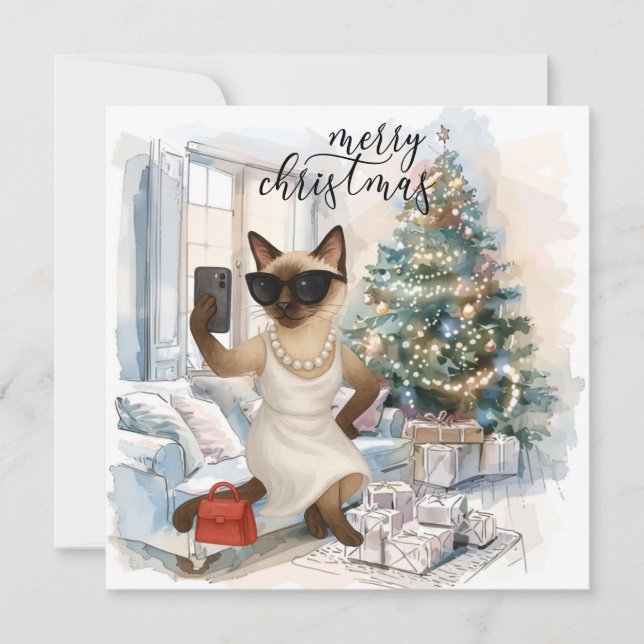 Siamese Cat Sending Message God jul Julkort (Framsida)