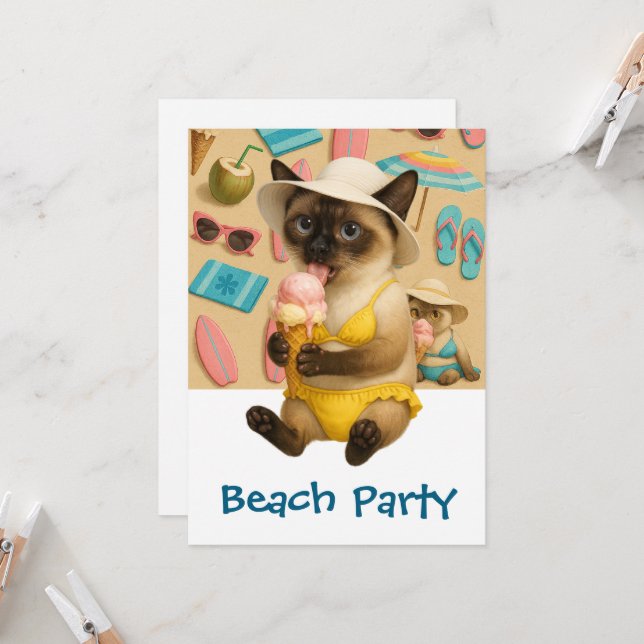 Siamese Cat slickar Glass strand Party Inbjudningar (Fram/Back In Situ)