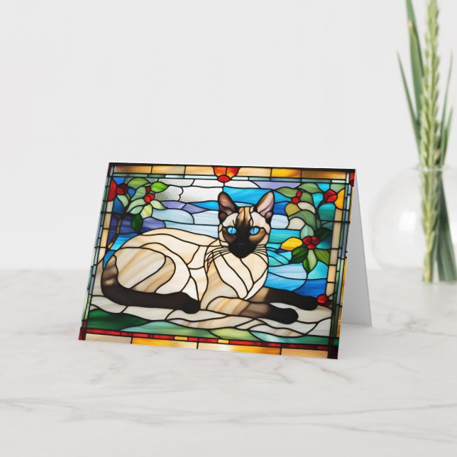 Siamese Cat Stained Glass Folded Greeting Card Kort (Framsida)