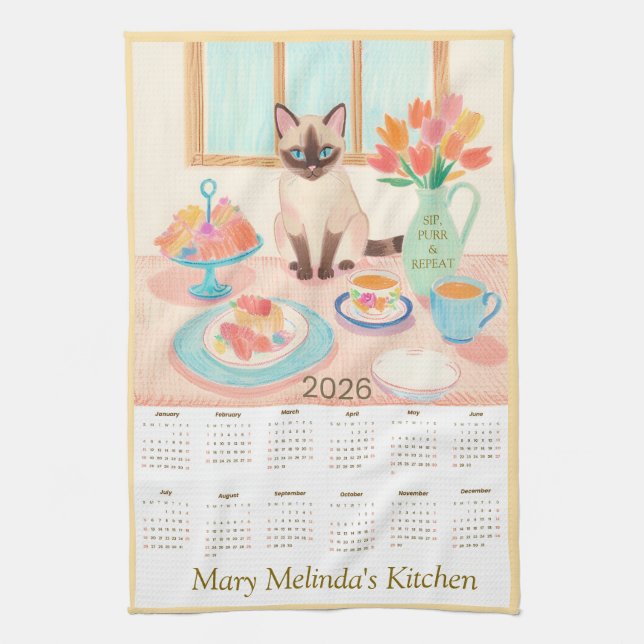 Siamese Cat & Tea Party Kitchen Towel Calendar Kökshandduk (Vertikal)