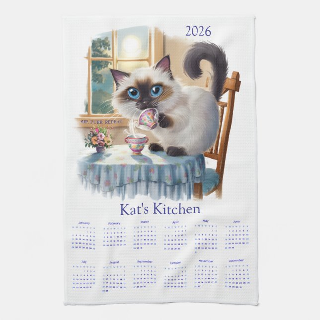 Siamese Cat Tea Time 2026 Calendar Kitchen Towels Kökshandduk (Vertikal)
