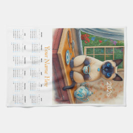 Siamese Cat Tea Time 2026 Tea Towel Calendar Kökshandduk
