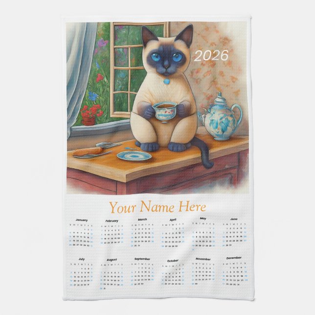 Siamese Cat Tea Time 2026 Tea Towel Calendar Kökshandduk (Vertikal)