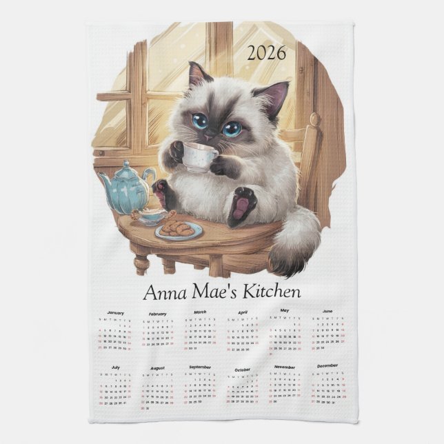 Siamese Cat & Tea Time Kitchen Towel Calendar  Kökshandduk (Vertikal)