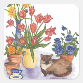 Siamese Cat Tulips Pansies Watercolor "Chester" Fyrkantigt Klistermärke