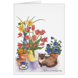 Siamese Cat Tulips Pansies Watercolor ’Chester’ Hälsningskort