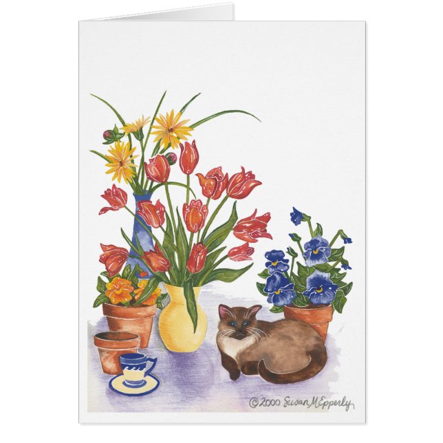 Siamese Cat Tulips Pansies Watercolor ’Chester’ Hälsningskort (Framsidan)