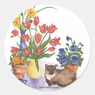 Siamese Cat Tulips Pansies Watercolor ’Chester Runt Klistermärke