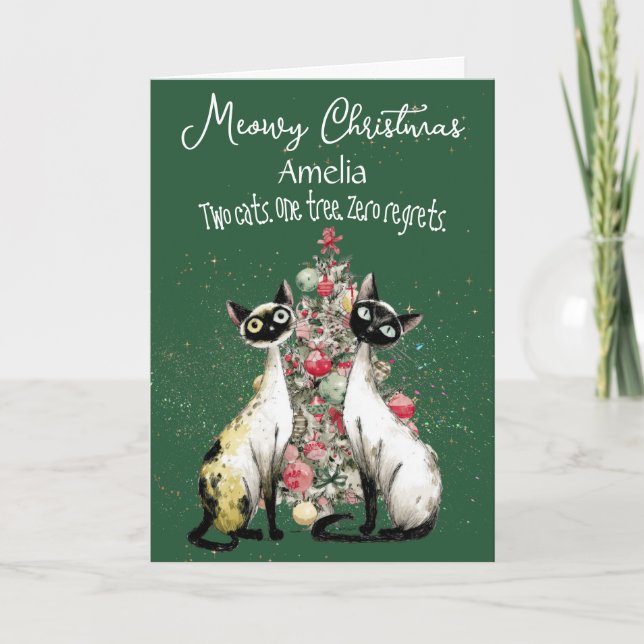 Siamese Cats In Front Of A Tree Christmas Card Kort (Framsida)