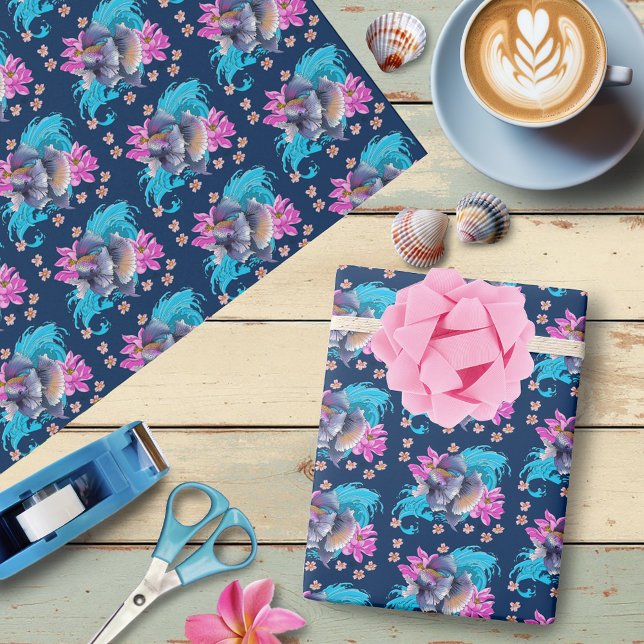 Siamese kampfisk lotusvågor blå presentpapper (Skapare uppladdad)