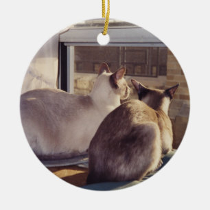 Siamese katter två på fönster (2) julgransprydnad keramik