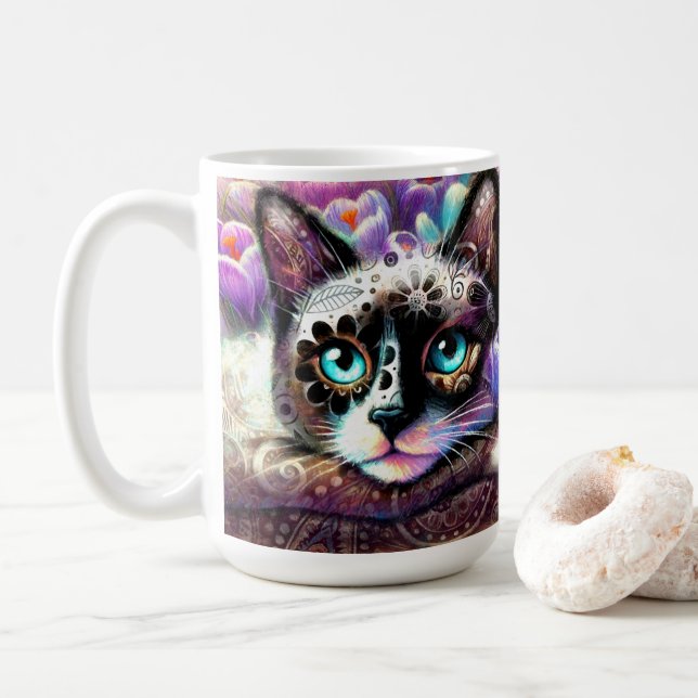 Siamese Kattunge Crocus Blommigt Lila Teal White Kaffemugg (Med munk)