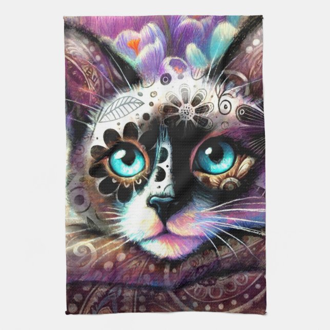 Siamese Kattunge Crocus Blommigt Lila Teal White Kökshandduk (Vertikal)