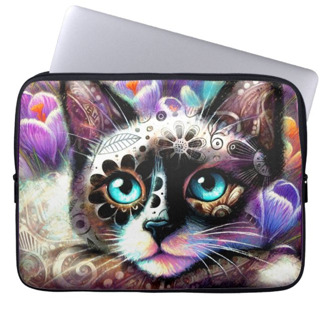 Siamese Kattunge Crocus Blommigt Lila Teal White Laptop Fodral (Framsidan)